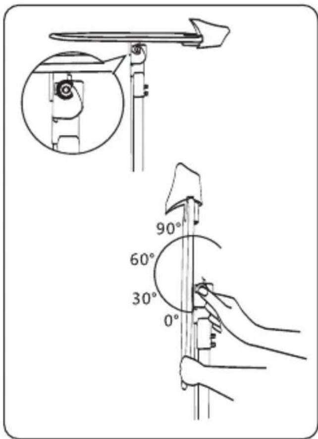 Technical diagram showing mechanical measurement setup with angle annotations and magnified detail view