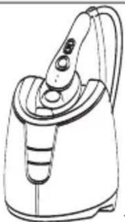 Line drawing of a steam iron with handle and spout (no text or symbols)