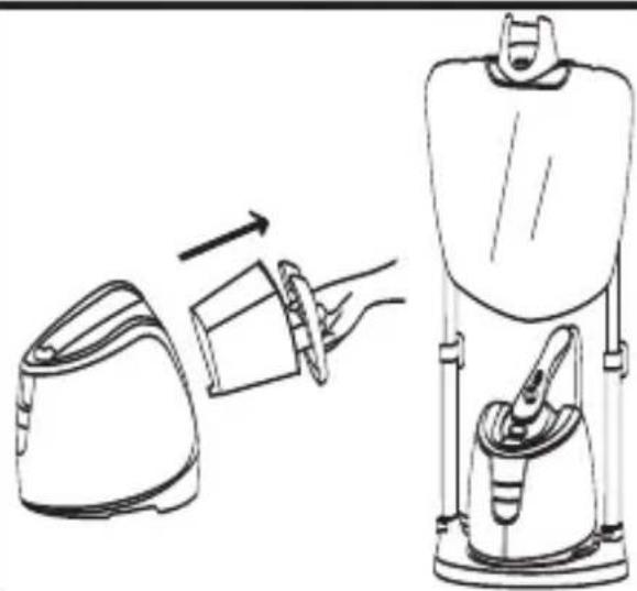 Line drawing showing a hand inserting a device into a device with a handle, alongside an open bag (no text or symbols)