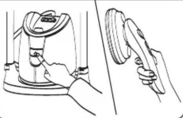 Line drawing showing a hand operating a vacuum cleaner with a close-up view of the device (no text or symbols present)