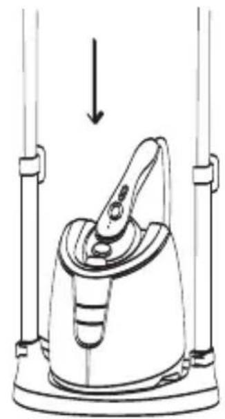 Line drawing of a mechanical device with an arrow indicating downward motion (no text or symbols)