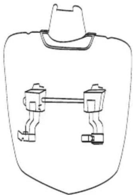 Simple line drawing of a shield-shaped object with two identical mechanical components connected by a rod (no text or symbols)
