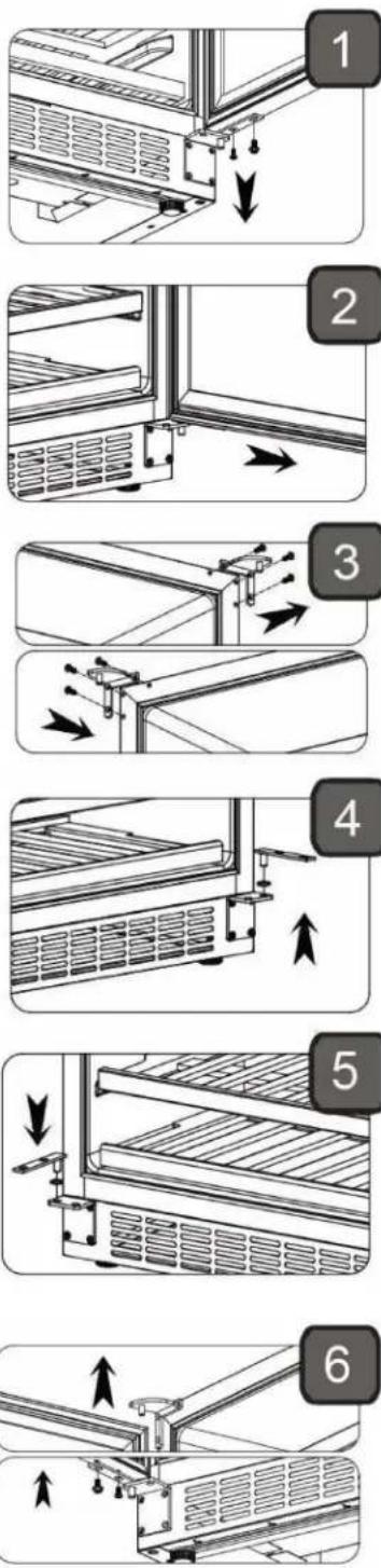 Diagram showing six steps of a refrigerator interior installation with labeled components and directional arrows indicating movement.