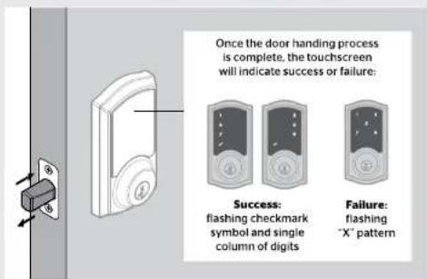 Once the door handing process is complete, the touchscreen will indicate success or failure: Success: flashing checkmark symbol and single column of digits Failure: flashing "X" pattern