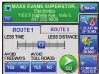MAXX EVANS SUPERSTOR_ Electronics 1103 S Isabelle Ave. Volio IL 847-555-9009 ROUTE 1 ROUTE 2 LESS TIME LESS DISTANCE AVOID FREEWAYS AVOID TOLL ROADS YES NO YES NO GO BACK LOCATION OPTIONS SHOW ON MAP COMPARE ROUTE 3