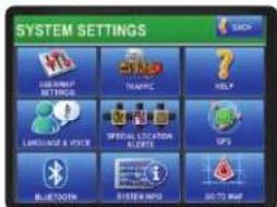 SYSTEM SETTINGS H1 LEARNING SETTINGS TRANSEC HELP LANGUAGE & VOICE SPECIAL LOCATION ALERTS GPS BLUEKTON SISTEMA NO. GO TO WIN