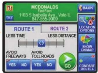 MCDONALDS Fast Food 1103 S Isabelle Ave. Vollo IL. 847-555-9009 ROUTE 1 LESS TIME AVOID FREEWAYS ROUTE 2 LESS DISTANCE AVOID TOLL ROADS YES NO YES NO GO BACK LOCATION OPTIONS SHOW ON MAP COMPARE ROUTES