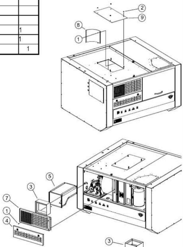 Technical diagram of a computer system with numbered components and exploded view, including front, top, and side views.