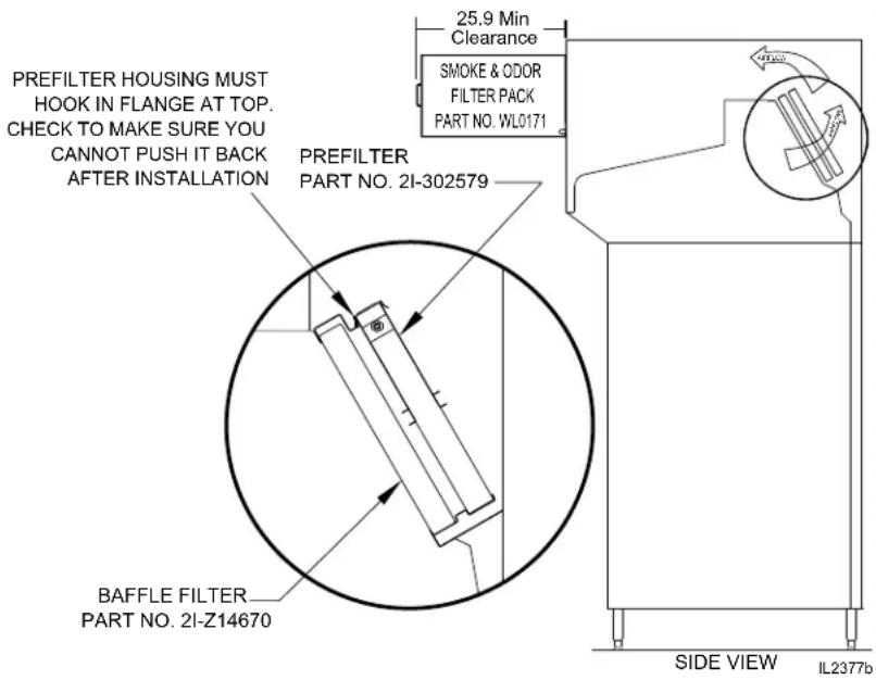 25.9 Min Clearance SMOKE & ODOR FILTER PACK PART NO. WL0171 PREFILTER HOUSING MUST HOOK IN FLANGE AT TOP. CHECK TO MAKE SURE YOU CANNOT PUSH IT BACK AFTER INSTALLATION PREFILTER PART NO. 2I-302579 BAFFLE FILTER PART NO. 2I-Z14670 SIDE VIEW IL2377b