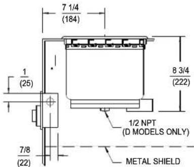 7 1/4 (184) 1 (25) 8 3/4 (222) 1/2 NPT (D MODELS ONLY) 7/8 (22) METAL SHIELD
