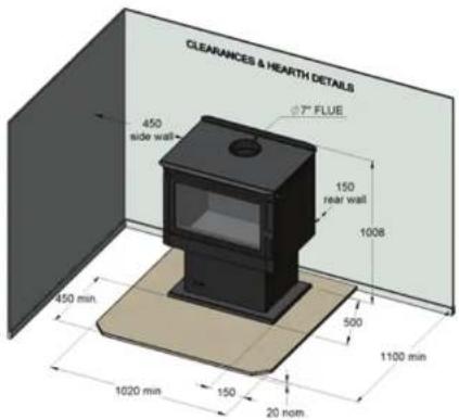 CLEARANCES & HEARTH DETAILS FLUE 450 side wall 150 rear wall 1008 450 min. 500 1100 min 1020 min 150 20 nom.