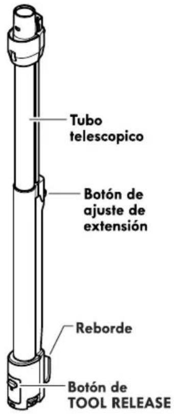 Tubo telescopico Botón de ajuste de extensión Reborde Botón de TOOL RELEASE