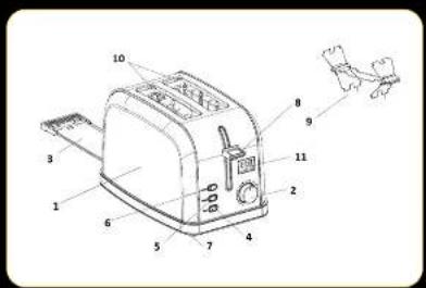 Technical diagram of a toaster with numbered parts for identification and assembly reference