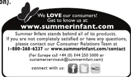 We LOVE our consumers! Get to know us at: www.summerinfant.com Summer Infant stands behind all of its products. If you are not completely satisfied or have any questions, please contact our Consumer Relations Team at 1-800-268-6237 or www.summerinfant.com/contact (For Europe call +44 (0) 144 250 5000 or customerserviceuk@summerinfant.com) connect with us: f i k y i n
