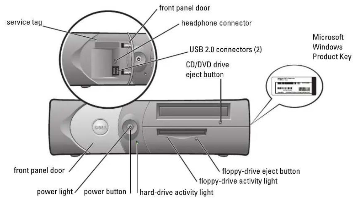 service tag front panel door headphone connector USB 2.0 connectors (2) CD/DVD drive eject button Microsoft Windows Product Key front panel door power light power button hard-drive activity light floppy-drive eject button floppy-drive activity light