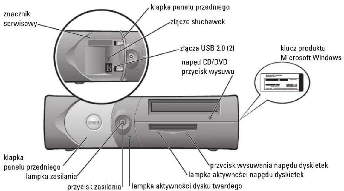 znacznik serwisowy klapka panelu przedniego złącze słuchawek złącza USB 2.0 (2) napęd CD/DVD przycisk wysuwu klucz produktu Microsoft Windows klapka panelu przedniego lampka zasilania przycisk zasilania lampka aktywności dysku twardego przycisk wysuwania napędu dyskietek lampka aktywności napędu dyskietek