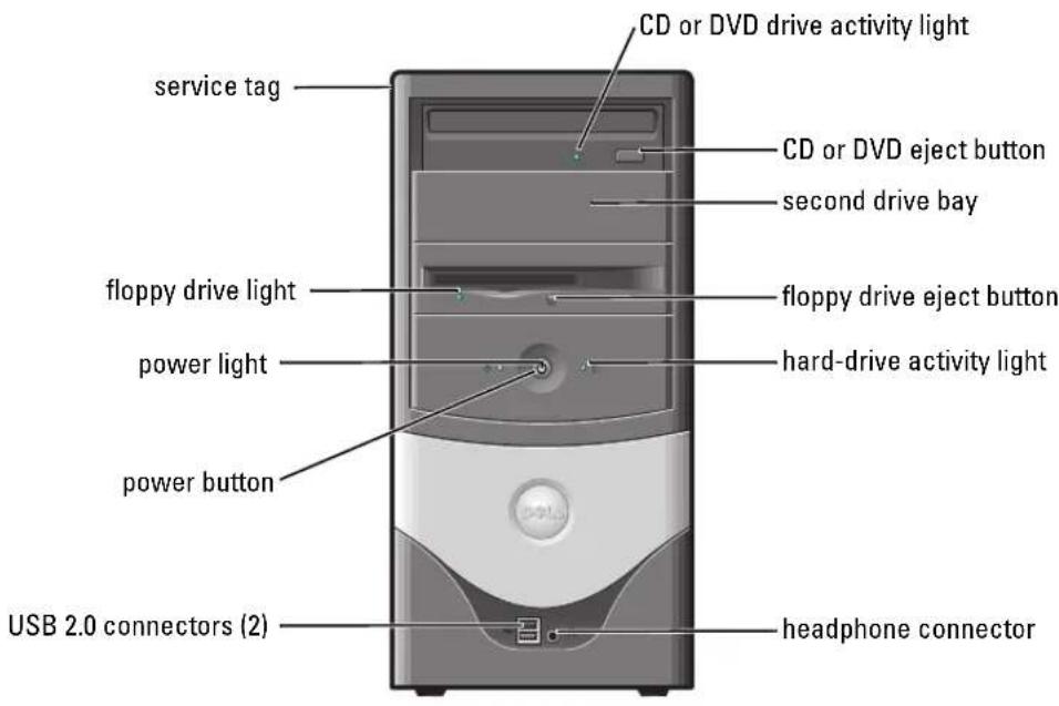 CD or DVD drive activity light service tag CD or DVD eject button second drive bay floppy drive light floppy drive eject button power light hard-drive activity light power button USB 2.0 connectors (2) headphone connector