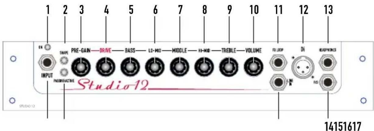 1 2 3 4 5 6 7 8 9 10 11 12 13 EN SHAPE PRE-GAIN—DRIVE—BASS—LD-MID—MIDDLE—HI-MID—TREBLE—VOLUME INPUT INDEVACTIVE Studio12 FLUROP Di HEADPONER LINE HS STUDIO12 14151617
