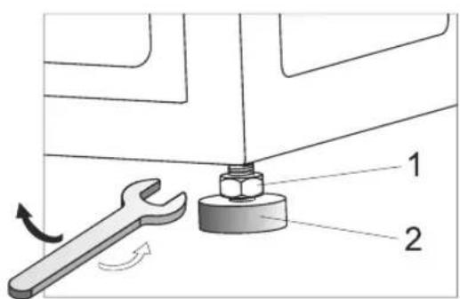 Technical diagram showing a wrench and nut assembly with labeled parts 1 and 2, indicating mechanical components.