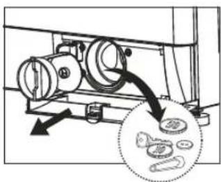 Diagram showing mechanical assembly with labeled components and a magnified inset of circular components containing parts like gears and springs.