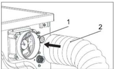 Technical diagram of a mechanical assembly with labeled parts 1 and 2, showing components like a fan and coiled tubing.