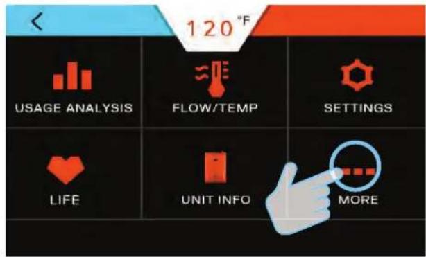 120°F USAGE ANALYSIS FLOW/TEMP SETTINGS LIFE UNIT INFO MORE
