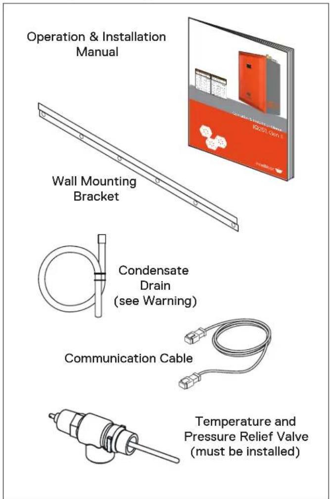 Operation & Installation Manual Wall Mounting Bracket Condensate Drain (see Warning) Communication Cable Temperature and Pressure Relief Valve (must be installed)