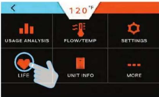 120°F USAGE ANALYSIS FLOW/TEMP SETTINGS LIFE UNIT INFO MORE