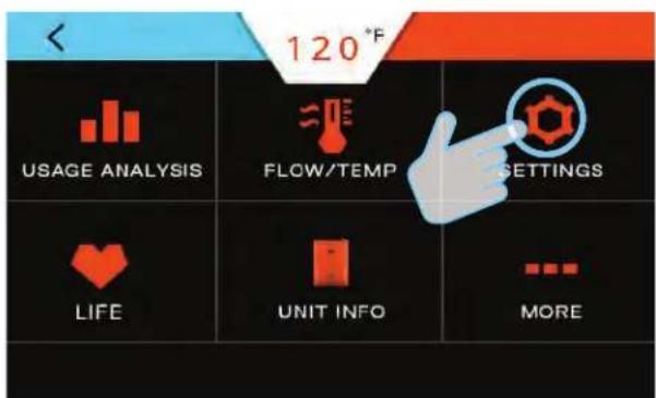 120°F USAGE ANALYSIS FLOW/TEMP SETTINGS LIFE UNIT INFO MORE