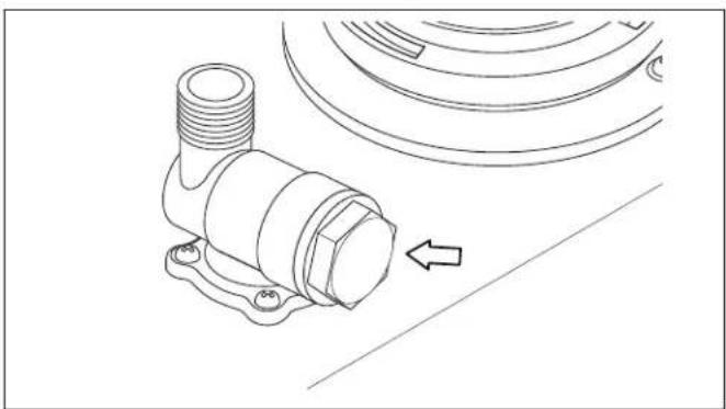 Technical line drawing of a mechanical component with threaded fitting and directional arrow (no text or symbols)