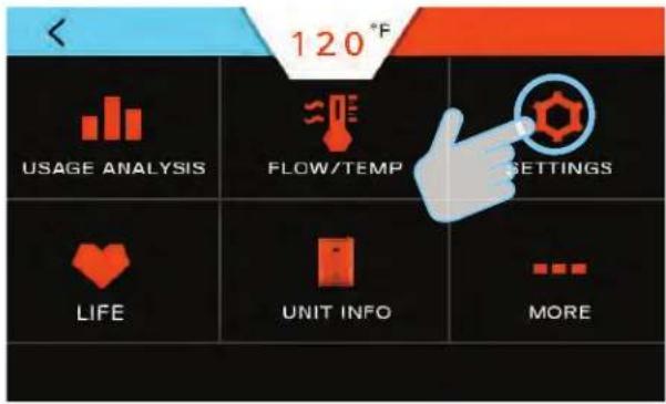 120°F USAGE ANALYSIS FLOW/TEMP SETTINGS LIFE UNIT INFO MORE