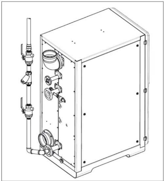 Technical line drawing of a mechanical device with pipes and housing (no text or symbols)