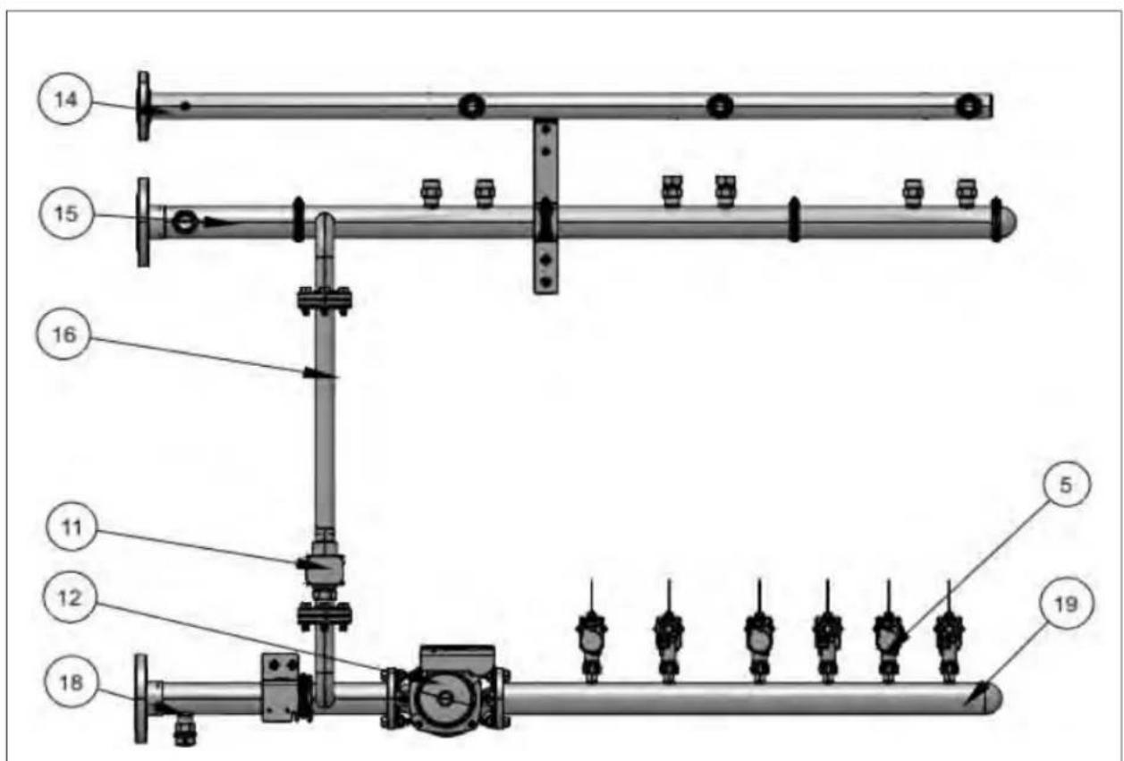 Technical diagram of a piping system with numbered components, likely for industrial or hydraulic control.
