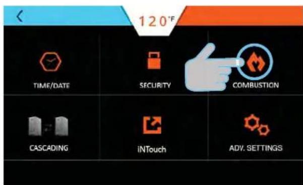 120°F TIME/DATE SECURITY COMBUSTION CASCADING iNTouch ADV. SETTINGS