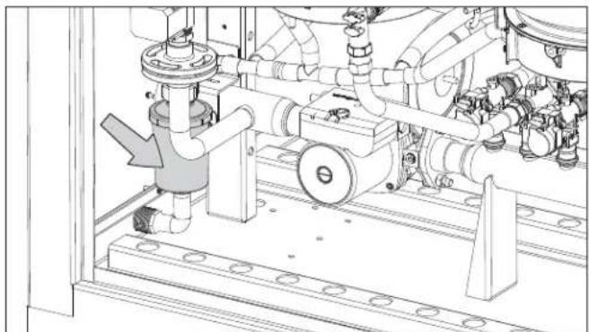 Technical line drawing of an industrial piping system with valves and a valve (no text or labels)
