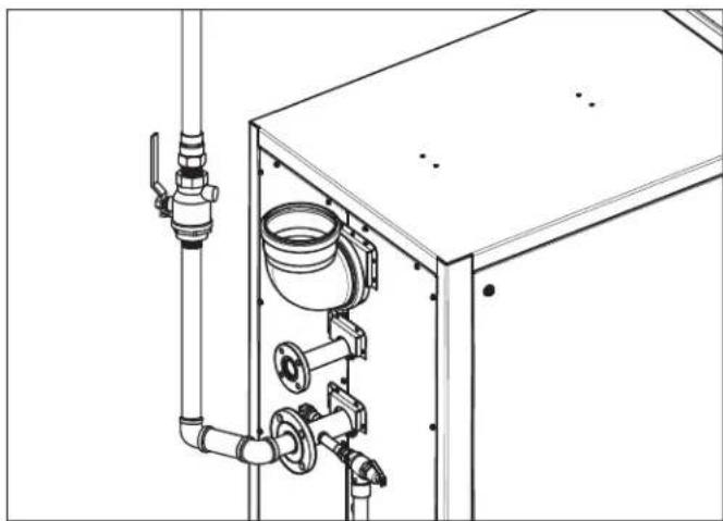 Technical line drawing of a mechanical assembly with pipes and a valve (no text or symbols)