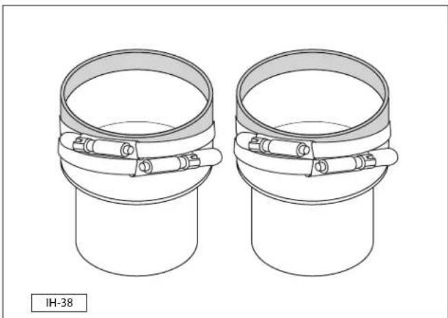 Technical line drawing of two cylindrical mechanical components with clamps, no text or symbols present