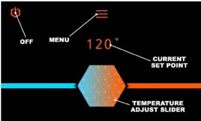 OFF MENU 120 °F CURRENT SET POINT TEMPERATURE ADJUST SLIDER