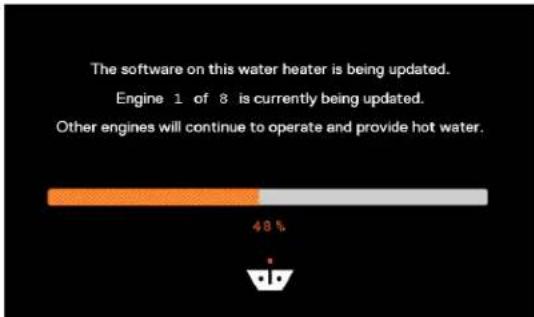 The software on this water heater is being updated. Engine 1 of 8 is currently being updated. Other engines will continue to operate and provide hot water.