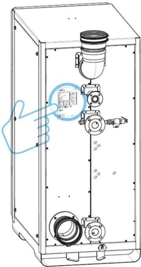 Technical line drawing of a mechanical device with internal components and a hand gesture pointing to a section (no text or symbols present)