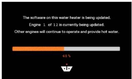 The software on this water heater is being updated. Engine 1 of 12 is currently being updated. Other engines will continue to operate and provide hot water.