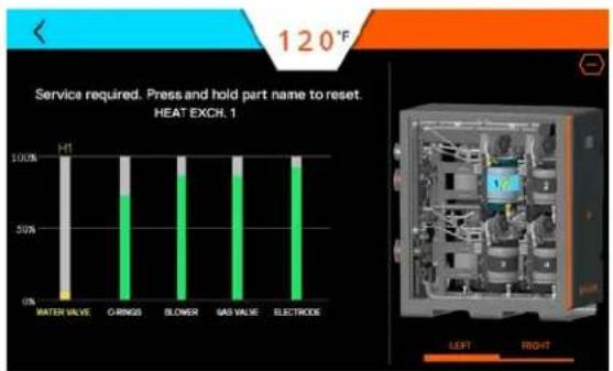 Service required. Press and hold part name to reset. HEAT EXCR. 1 | Component | Value | |---|---| | WATER VALVE | 100K | | ORANGES | 70K | | BLower | 80K | | GAS VALVE | 85K | | ELECTRODE | 95K |