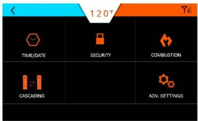120°F TIME/DATE SECURITY COMBUSTION CASCADING ADV. SETTINGS