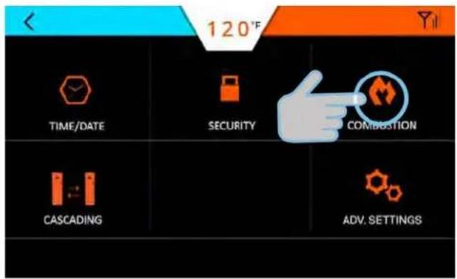 120°F TIME/DATE SECURITY COMBOSTION CASCADING ADV. SETTINGS