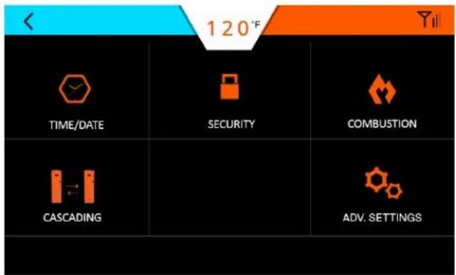 120°F TIME/DATE SECURITY COMBUSTION CASCADING ADV. SETTINGS