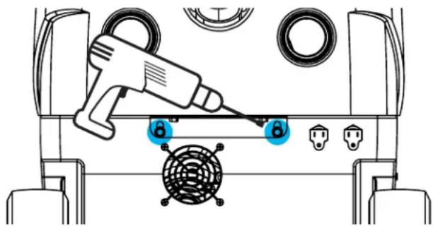 Diagram showing a hairdryer tool interacting with a vehicle's front panel, labeled with number 8 and component icons.