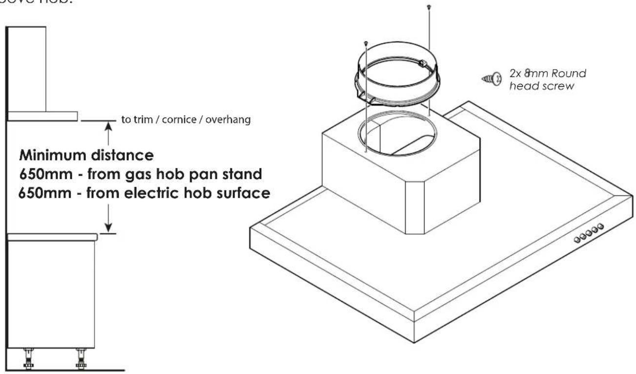 2x 8mm Round head screw to trim / cornice / overhang Minimum distance 650mm - from gas hob pan stand 650mm - from electric hob surface