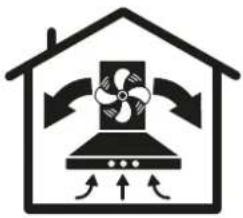 Simple line drawing of a house with a fan inside, showing airflow or ventilation (no text or symbols)