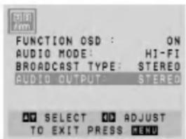 FUNCTION OSD : ON AUDIO MODE: HI-FI BROADCAST TYPE: STEREO AUDIO OUTPUT: STEREO AT SELECT OD ADJUST TO EXIT PRESS MENU