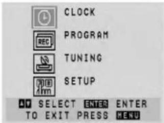 CLOCK PROGRAM TUNING SETUP DO SELECT ENTER ENTER TO EXIT PRESS MENU